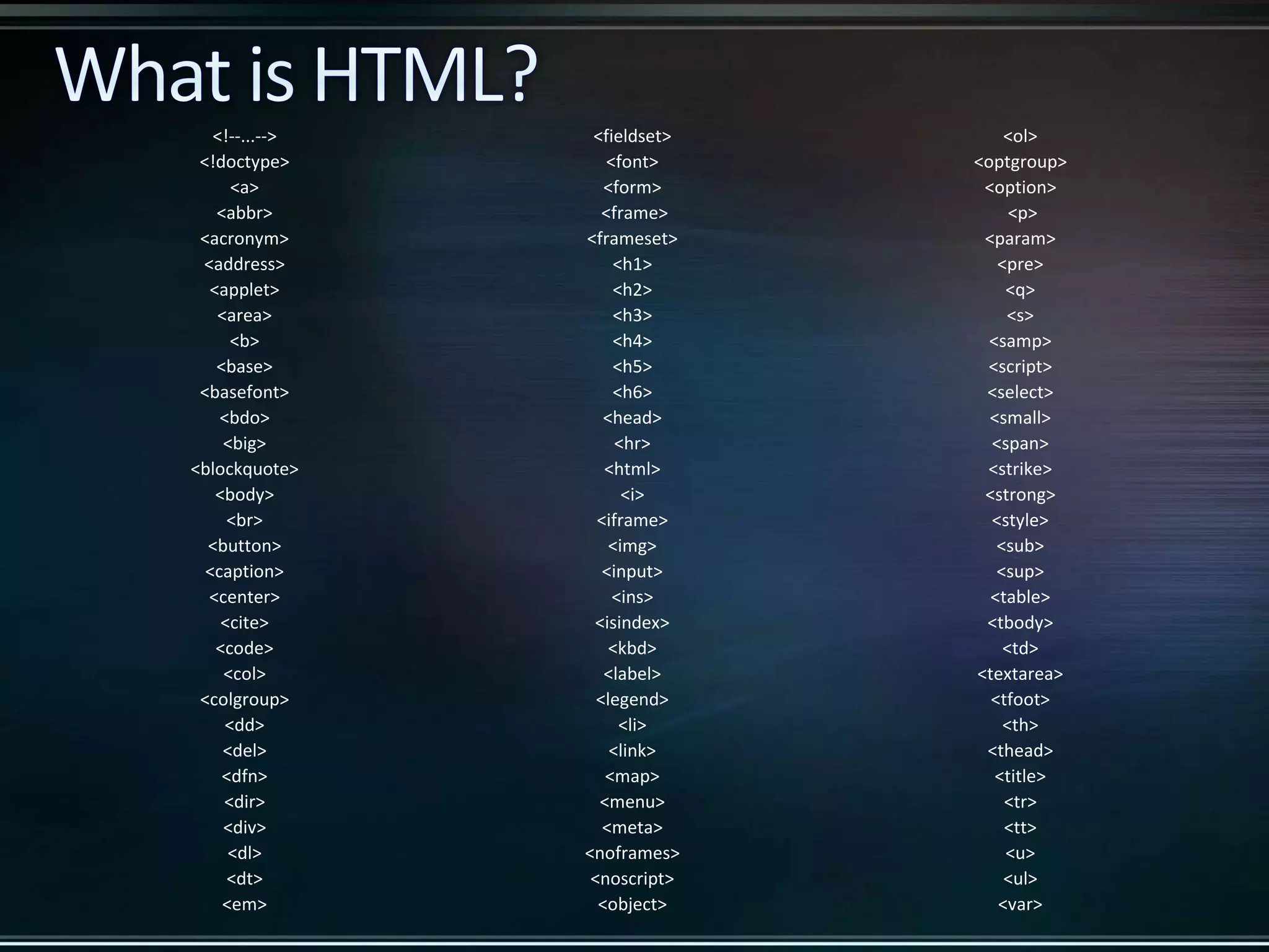 <!--...--> <!doctype> <a> <abbr> <acronym> <address> <applet> <area> <b> <base> <basefont> <bdo> <big> <blockquote> <body> <br> <button> <caption> <center> <cite> <code> <col> <colgroup> <dd> <del> <dfn> <dir> <div> <dl> <dt> <em> <fieldset> <font> <form> <frame> <frameset> <h1> <h2> <h3> <h4> <h5> <h6> <head> <hr> <html> <i> <iframe> <img> <input> <ins> <isindex> <kbd> <label> <legend> <li> <link> <map> <menu> <meta> <noframes> <noscript> <object> <ol> <optgroup> <option> <p> <param> <pre> <q> <s> <samp> <script> <select> <small> <span> <strike> <strong> <style> <sub> <sup> <table> <tbody> <td> <textarea> <tfoot> <th> <thead> <title> <tr> <tt> <u> <ul> <var> 