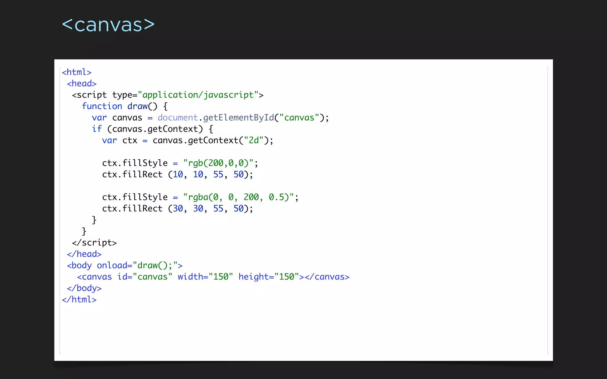 <canvas>

<html>
 <head>
  <script type="application/javascript">
    function draw() {
       var canvas = document.getElementById("canvas");
       if (canvas.getContext) {
         var ctx = canvas.getContext("2d");

          ctx.fillStyle = "rgb(200,0,0)";
          ctx.fillRect (10, 10, 55, 50);

          ctx.fillStyle = "rgba(0, 0, 200, 0.5)";
          ctx.fillRect (30, 30, 55, 50);
      }
    }
  </script>
 </head>
 <body onload="draw();">
   <canvas id="canvas" width="150" height="150"></canvas>
 </body>
</html>
 