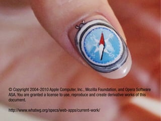 © Copyright 2004-2010 Apple Computer, Inc., Mozilla Foundation, and Opera Software
ASA. You are granted a license to use, reproduce and create derivative works of this
document.

http://www.whatwg.org/specs/web-apps/current-work/
 