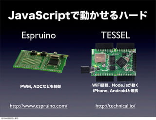 JavaScriptで動かせるハード
Espruino

PWM, ADCなどを制御

http://www.espruino.com/
13年11月30日土曜日

TESSEL

WiFi搭載、Node.jsが動く
iPhone, Androidと連携

http://technical.io/

 