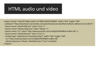 HTML audio und video <object classid="clsid:d27cdb6e-ae6d-11cf-96b8-444553540000" width="425" height="344" codebase="http://download.macromedia.com/pub/shockwave/cabs/flash/swflash.cab#version=6,0,40,0"> <param name="allowFullScreen" value="true" /> <param name="allowscriptaccess" value="always" /> <param name="src" value="http://www.youtube.com/v/oHg5SJYRHA0&hl=en&fs=1&" /> <param name="allowfullscreen" value="true" /> <embed type="application/x-shockwave-flash" width="425" height="344" src="http://www.youtube.com/v/oHg5SJYRHA0&hl=en&fs=1&" allowscriptaccess="always" allowfullscreen="true"></embed> </object> 