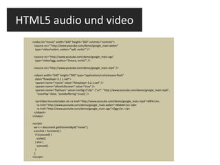 HTML5 audio und video <video id="movie" width="640" height="360" controls="controls"> <source src=""http://www.youtube.com/demo/google_main.webm" type='video/webm; codecs="vp8, vorbis"' /> <source src="http://www.youtube.com/demo/google_main.ogv" type='video/ogg; codecs="theora, vorbis"' /> <source src="http://www.youtube.com/demo/google_main.mp4" /> <object width="640" height="360" type="application/x-shockwave-flash" data="flowplayer-3.2.1.swf">  <param name="movie" value="flowplayer-3.2.1.swf" />  <param name="allowfullscreen" value="true" />  <param name="flashvars" value='config={"clip": {"url": "http://www.youtube.com/demo/google_main.mp4", "autoPlay":false, "autoBuffering":true}}' />  <p>Video herunterladen als <a href="http://www.youtube.com/demo/google_main.mp4">MP4</a>, <a href="http://www.youtube.com/demo/google_main.webm">WebM</a> oder <a href="http://www.youtube.com/demo/google_main.ogv">Ogg</a>.</p>  </object> </video> <script> var v = document.getElementById("movie"); v.onclick = function() { if (v.paused) { v.play(); } else { v.pause(); } }; </script> 