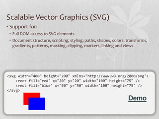 Scalable Vector Graphics (SVG)
• Support for:
 • Full DOM access to SVG elements
 • Document structure, scripting, styling, paths, shapes, colors, transforms,
   gradients, patterns, masking, clipping, markers, linking and views




<svg width="400" height="200" xmlns="http://www.w3.org/2000/svg">
    <rect fill="red" x="20" y="20" width="100" height="75" />
    <rect fill="blue" x="50" y="50" width="100" height="75" />
</svg>

                                                                  Demo
 