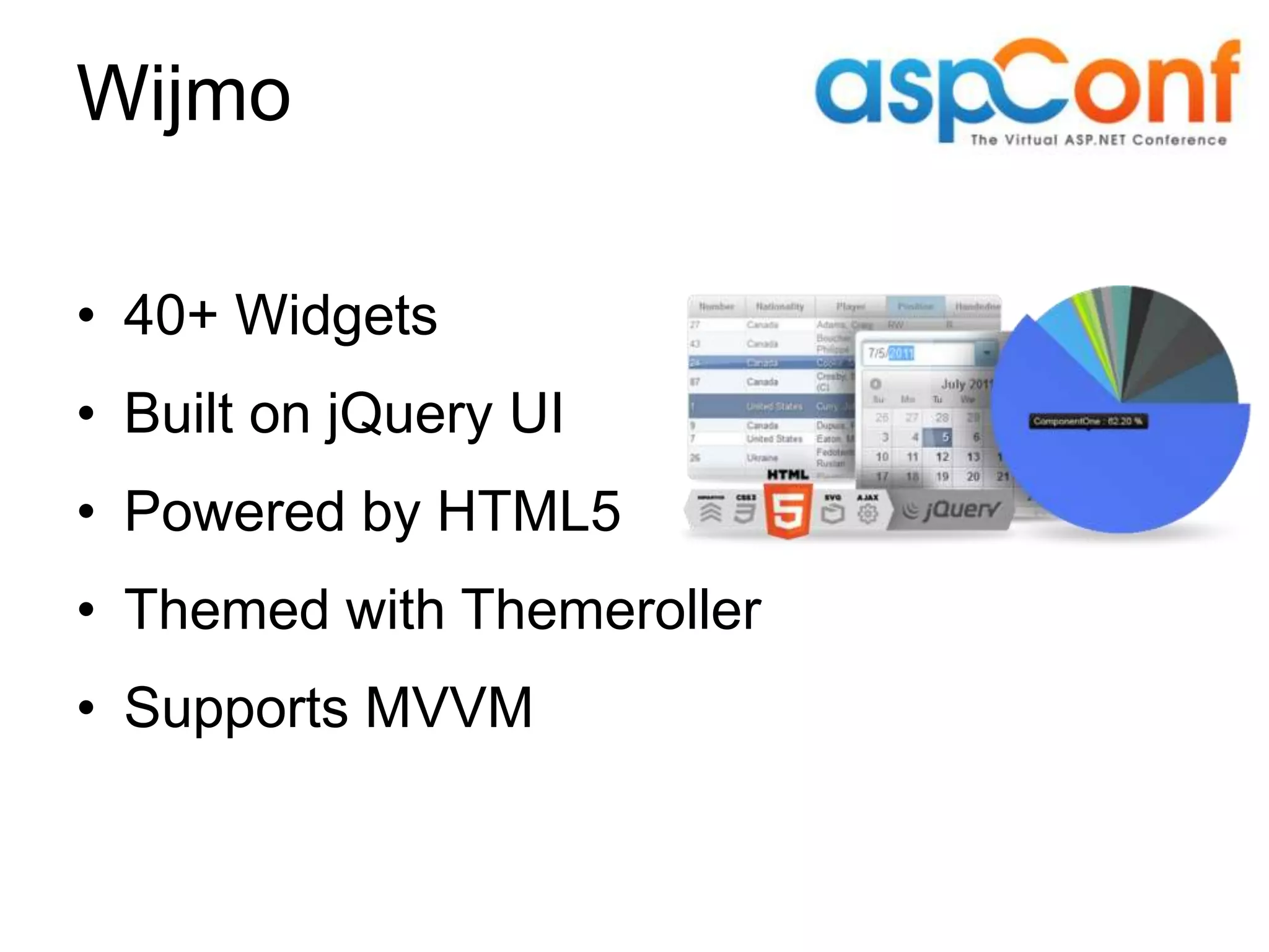 Wijmo • 40+ Widgets • Built on jQuery UI • Powered by HTML5 • Themed with Themeroller • Supports MVVM 