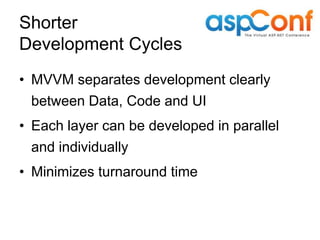 Shorter
Development Cycles
• MVVM separates development clearly
  between Data, Code and UI
• Each layer can be developed in parallel
  and individually
• Minimizes turnaround time
 