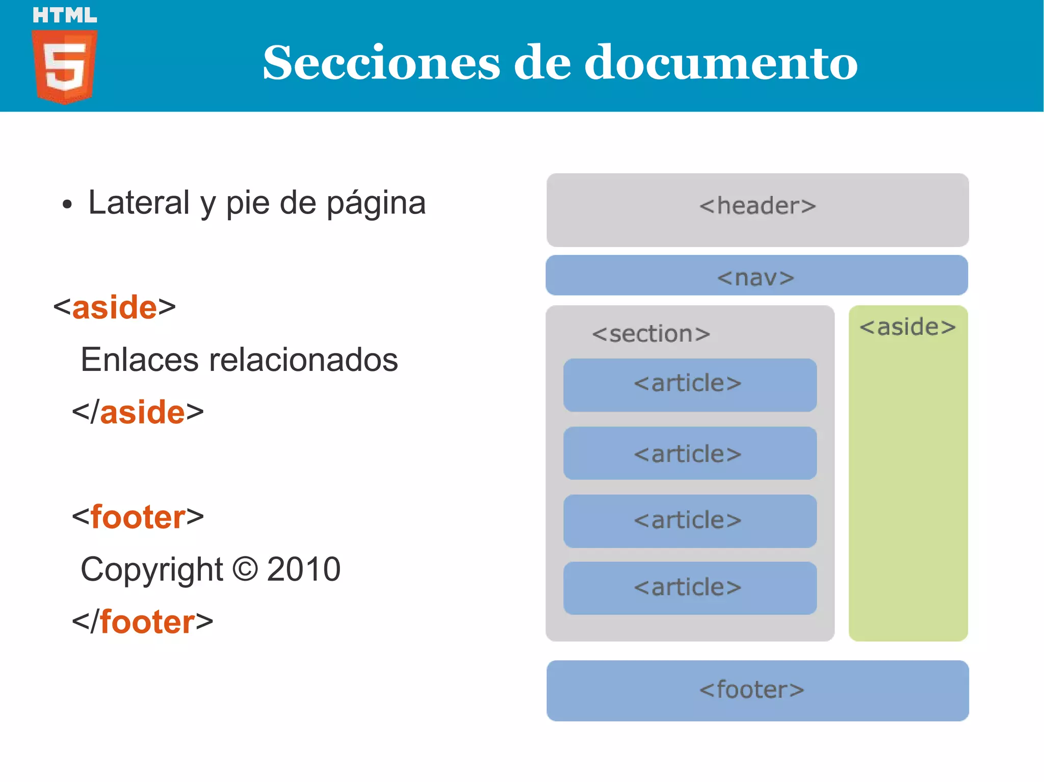 Secciones de documento

●   Lateral y pie de página


<aside>
    Enlaces relacionados
 </aside>


 <footer>
    Copyright © 2010
 </footer>
 