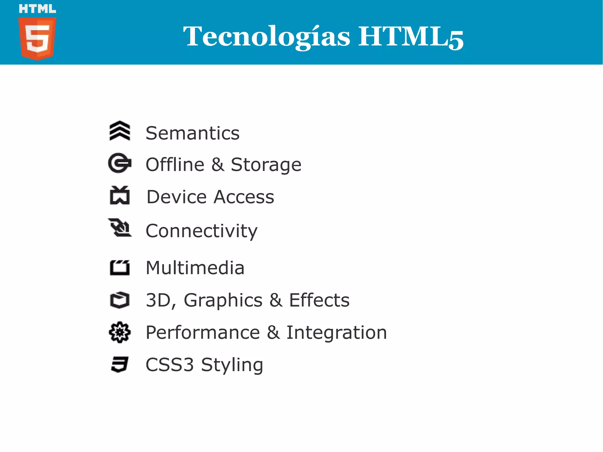 Tecnologías HTML5


Semantics
Offline & Storage
Device Access
Connectivity

Multimedia
3D, Graphics & Effects
Performance & Integration
CSS3 Styling
 