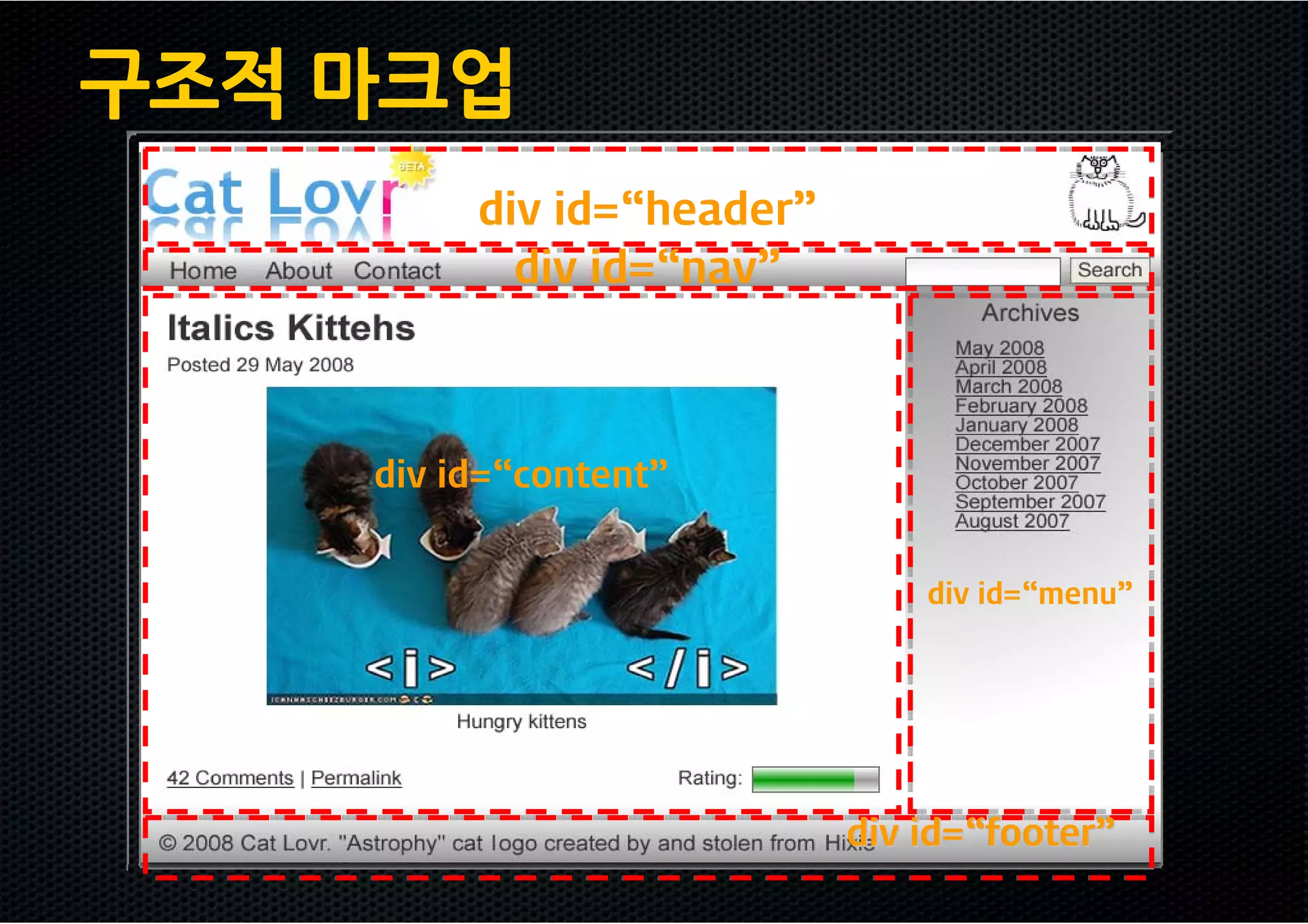 구조적 마크업
         div id=“header”
           div id=“nav”



    div id=“content”


                               div id=“menu”




                           div id=“footer”
                               id=“footer”
 