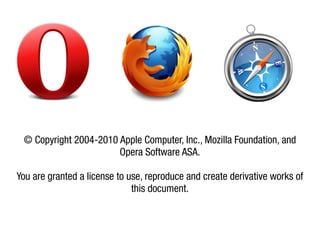 © Copyright 2004-2010 Apple Computer, Inc., Mozilla Foundation, and
                       Opera Software ASA.

You are granted a license to use, reproduce and create derivative works of
                              this document.
 