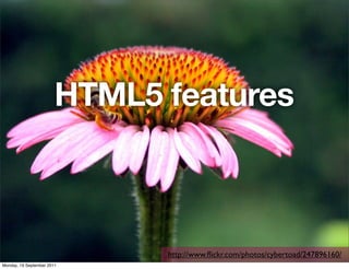 HTML5 features



                              http://www.ﬂickr.com/photos/cybertoad/247896160/
Monday, 19 September 2011
 