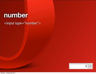 number
     <input type="number">




Monday, 19 September 2011
 