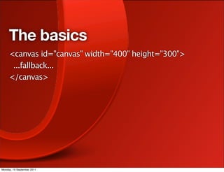 The basics
     <canvas id="canvas" width="400" height="300">
      ...fallback...
     </canvas>




Monday, 19 September 2011
 