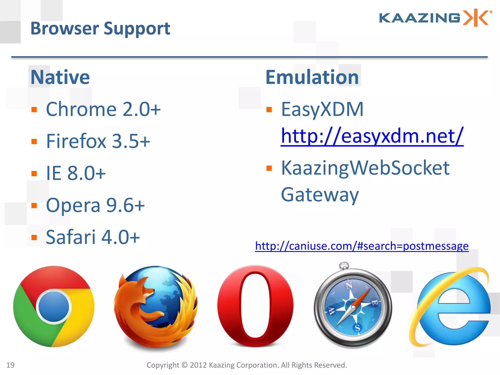 Browser Support

     Native                                        Emulation
      Chrome 2.0+                                  EasyXDM
      Firefox 3.5+                                  http://easyxdm.net/
      IE 8.0+                                      KaazingWebSocket

      Opera 9.6+
                                                     Gateway
      Safari 4.0+                              http://caniuse.com/#search=postmessage




19               Copyright © 2012 Kaazing Corporation. All Rights Reserved.
 