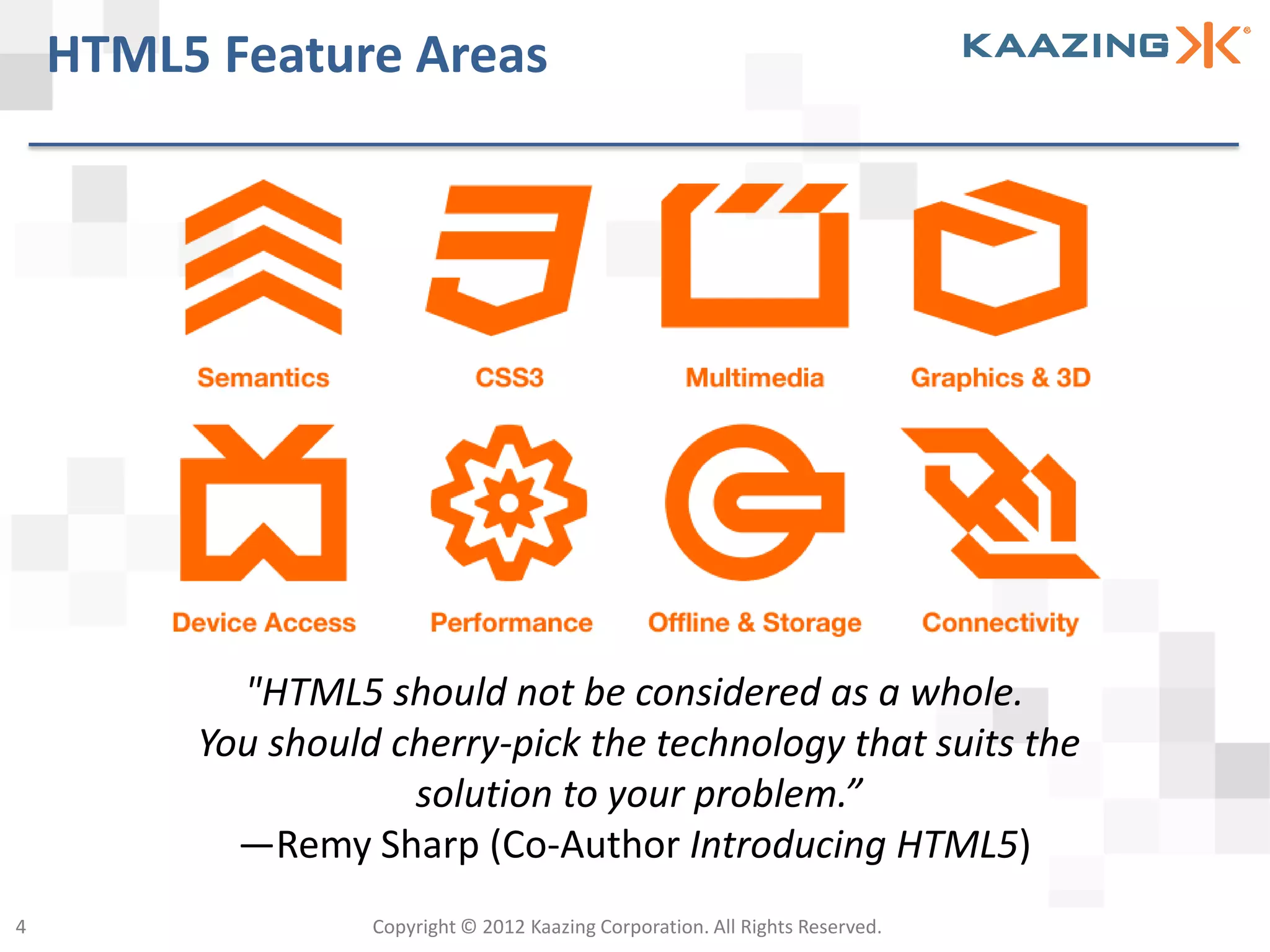 HTML5 Feature Areas




           "HTML5 should not be considered as a whole.
         You should cherry-pick the technology that suits the
                     solution to your problem.”
           —Remy Sharp (Co-Author Introducing HTML5)
4                  Copyright © 2012 Kaazing Corporation. All Rights Reserved.
 
