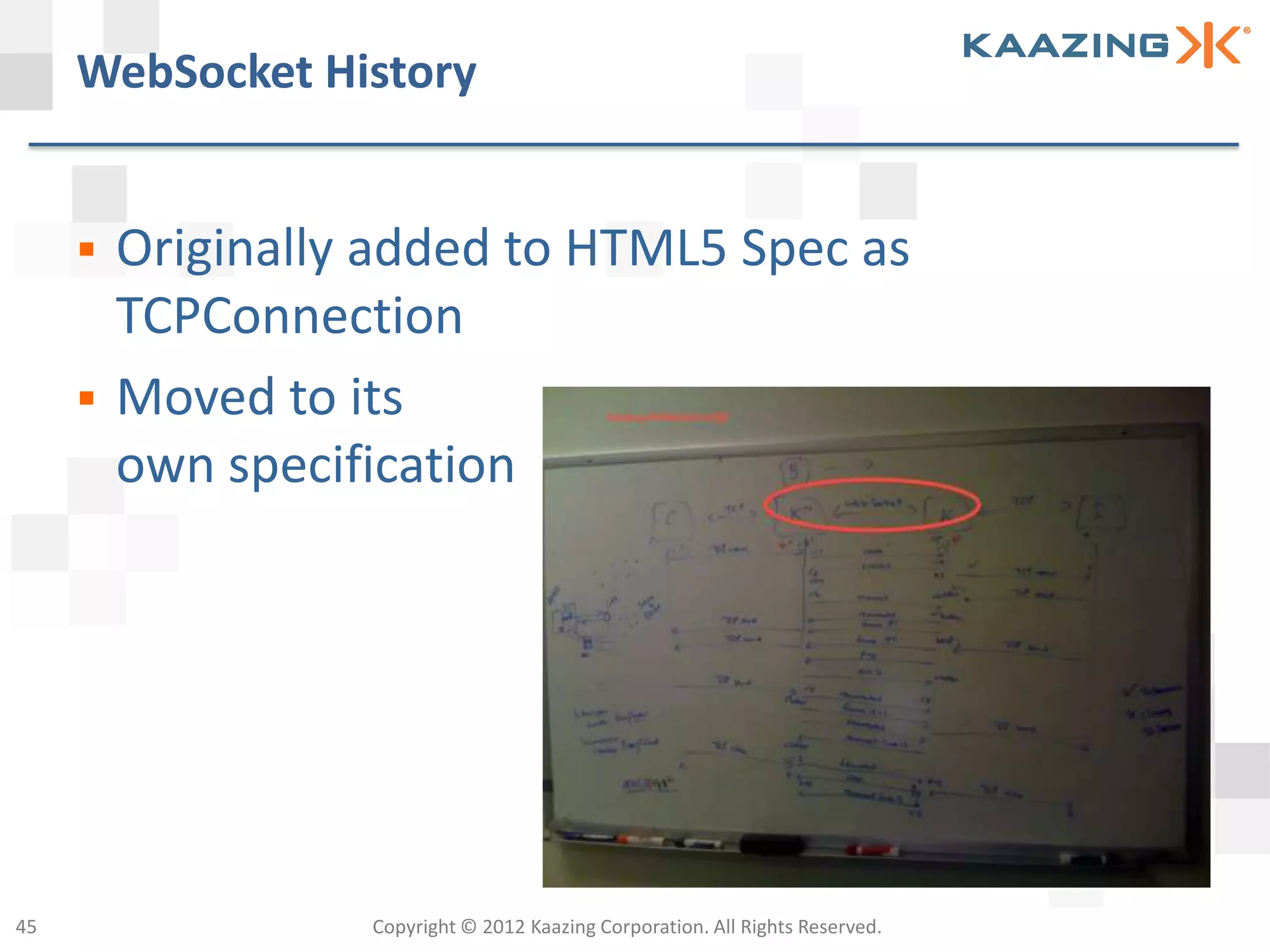 WebSocket History


        Originally added to HTML5 Spec as
         TCPConnection
        Moved to its
         own specification




45                 Copyright © 2012 Kaazing Corporation. All Rights Reserved.
 