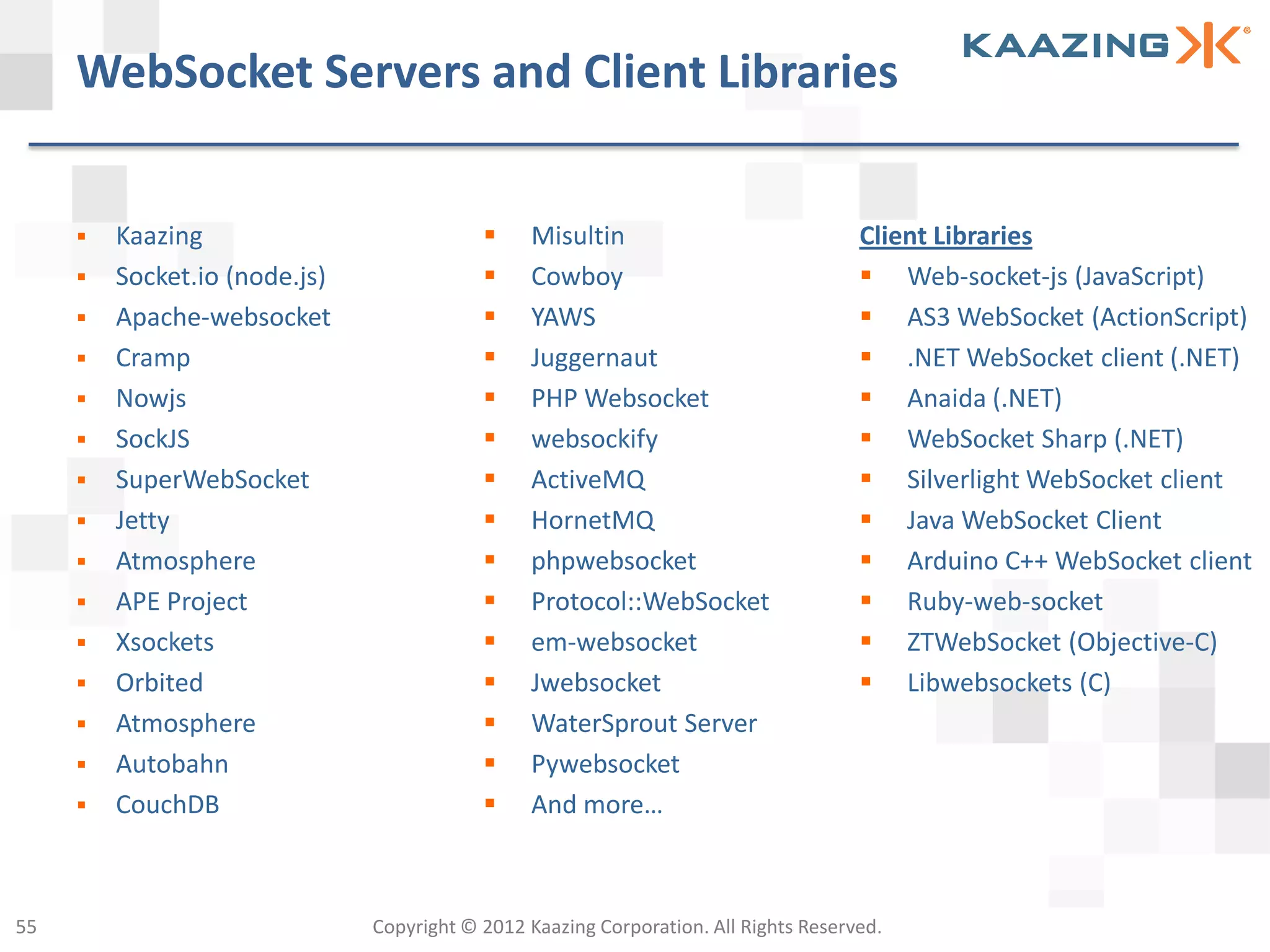 WebSocket Servers and Client Libraries


        Kaazing                                Misultin                             Client Libraries
        Socket.io (node.js)                    Cowboy                                Web-socket-js (JavaScript)
        Apache-websocket                       YAWS                                  AS3 WebSocket (ActionScript)
        Cramp                                  Juggernaut                            .NET WebSocket client (.NET)
        Nowjs                                  PHP Websocket                         Anaida (.NET)
        SockJS                                 websockify                            WebSocket Sharp (.NET)
        SuperWebSocket                         ActiveMQ                              Silverlight WebSocket client
        Jetty                                  HornetMQ                              Java WebSocket Client
        Atmosphere                             phpwebsocket                          Arduino C++ WebSocket client
        APE Project                            Protocol::WebSocket                   Ruby-web-socket
        Xsockets                               em-websocket                          ZTWebSocket (Objective-C)
        Orbited                                Jwebsocket                            Libwebsockets (C)
        Atmosphere                             WaterSprout Server
        Autobahn                               Pywebsocket
        CouchDB                                And more…



55                             Copyright © 2012 Kaazing Corporation. All Rights Reserved.
 