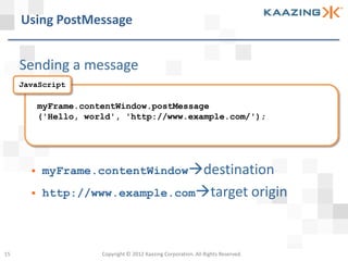 Using PostMessage


     Sending a message
     JavaScript

           myFrame.contentWindow.postMessage
           ('Hello, world', 'http://www.example.com/');




          myFrame.contentWindowdestination
          http://www.example.comtarget origin




15                     Copyright © 2012 Kaazing Corporation. All Rights Reserved.
 