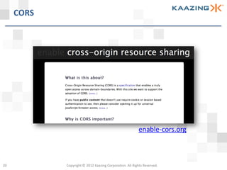 CORS




                                                         enable-cors.org



20          Copyright © 2012 Kaazing Corporation. All Rights Reserved.
 