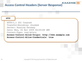 Access Control Headers (Server Response)


     HTTP

      HTTP/1.1 201 Created
      Transfer-Encoding: chunked
      Server: Kaazing Gateway
      Date: Mon, 02 Nov 2009 06:55:08 GMT
      Content-Type: text/plain
      Access-Control-Allow-Origin: http://www.example.com
      Access-Control-Allow-Credentials: true




25                 Copyright © 2012 Kaazing Corporation. All Rights Reserved.
 
