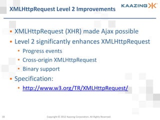 XMLHttpRequest Level 2 Improvements


        XMLHttpRequest (XHR) made Ajax possible
        Level 2 significantly enhances XMLHttpRequest
          • Progress events
          • Cross-origin XMLHttpRequest
          • Binary support
        Specification:
          • http://www.w3.org/TR/XMLHttpRequest/



28                  Copyright © 2012 Kaazing Corporation. All Rights Reserved.
 