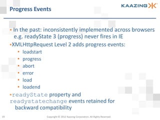 Progress Events


      In the past: inconsistently
                                 implemented across browsers
       e.g. readyState 3 (progress) never fires in IE
     XMLHttpRequest Level 2 adds progress events:
        •   loadstart
        •   progress
        •   abort
        •   error
        •   load
        •   loadend
     readyState   property and
     readystatechange events retained for
       backward compatibility
29                      Copyright © 2012 Kaazing Corporation. All Rights Reserved.
 