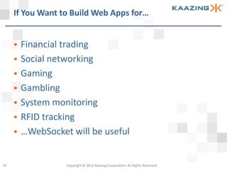 If You Want to Build Web Apps for…


        Financial trading
        Social networking
        Gaming
        Gambling
        System monitoring
        RFID tracking
        …WebSocket will be useful


35                 Copyright © 2012 Kaazing Corporation. All Rights Reserved.
 
