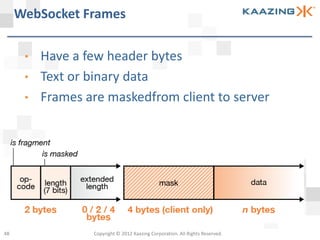 WebSocket Frames

      •   Have a few header bytes
      •   Text or binary data
      •   Frames are maskedfrom client to server




48                Copyright © 2012 Kaazing Corporation. All Rights Reserved.
 