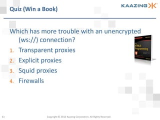 Quiz (Win a Book)


     Which has more trouble with an unencrypted
        (ws://) connection?
     1. Transparent proxies
     2. Explicit proxies
     3. Squid proxies
     4. Firewalls




61                Copyright © 2012 Kaazing Corporation. All Rights Reserved.
 