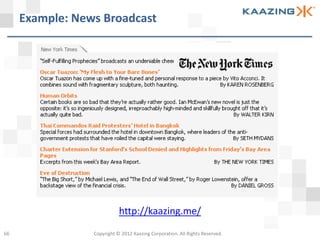 Example: News Broadcast




                            http://kaazing.me/
66               Copyright © 2012 Kaazing Corporation. All Rights Reserved.
 