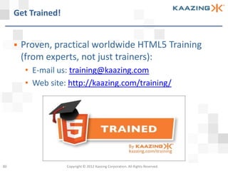 Get Trained!


        Proven, practical worldwide HTML5 Training
         (from experts, not just trainers):
         • E-mail us: training@kaazing.com
         • Web site: http://kaazing.com/training/




80                  Copyright © 2012 Kaazing Corporation. All Rights Reserved.
 