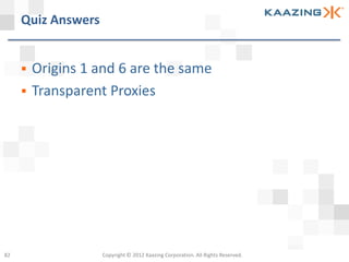 Quiz Answers


        Origins 1 and 6 are the same
        Transparent Proxies




82                  Copyright © 2012 Kaazing Corporation. All Rights Reserved.
 