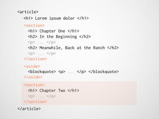 <article>
   <h1> Lorem ipsum dolor </h1>
  <section>
    <h1> Chapter One </h1>
    <h2> In the Beginning </h2>
    <p> ... </p>
    <h2> Meanwhile, Back at the Ranch </h2>
    <p> ... </p>
  </section>
  <aside>
    <blockquote> <p> ... </p> </blockquote>
  </aside>
  <section>
    <h1> Chapter Two </h1>
    <p> ... </p>
  </section>
</article>
 