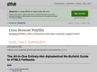 Cross Browser Polyfills
Bringing HTML5 APIs to browsers that don't natively support them.


http://wil.to/html5/4
 