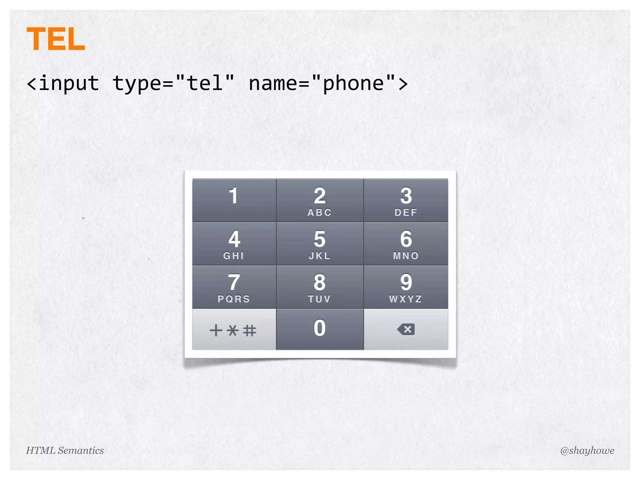 TEL
<input  type="tel"  name="phone">
@shayhoweHTML Semantics
 