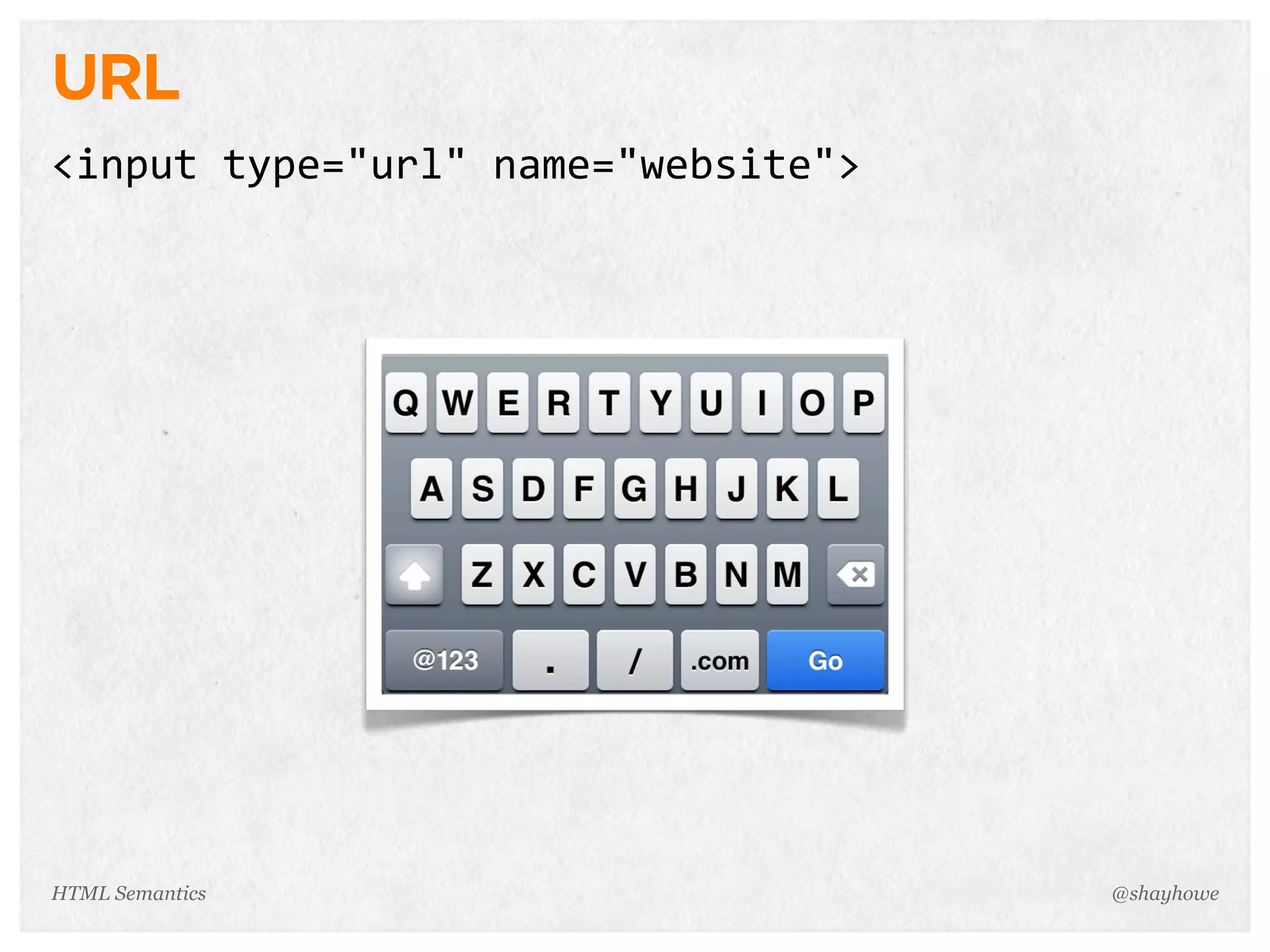 URL
<input  type="url"  name="website">
@shayhoweHTML Semantics
 