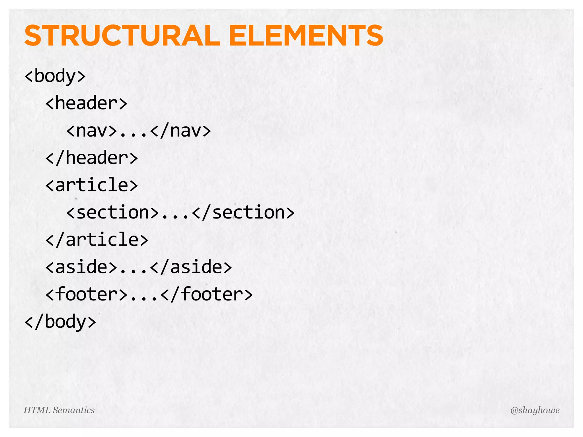 STRUCTURAL ELEMENTS
<body>
    <header>
        <nav>...</nav>
    </header>
    <article>
        <section>...</section>
    </article>
    <aside>...</aside>
    <footer>...</footer>
</body>
@shayhoweHTML Semantics
 