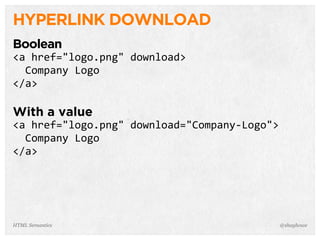 HYPERLINK DOWNLOAD
Boolean
<a  href="logo.png"  download>
    Company  Logo
</a>
With a value
<a  href="logo.png"  download="Company-­‐Logo">
    Company  Logo
</a>
@shayhoweHTML Semantics
 