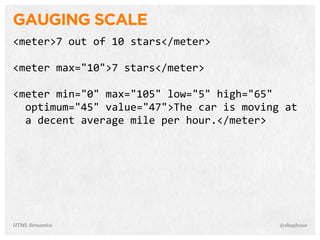 GAUGING SCALE
<meter>7  out  of  10  stars</meter>
<meter  max="10">7  stars</meter>
<meter  min="0"  max="105"  low="5"  high="65"    
    optimum="45"  value="47">The  car  is  moving  at  
    a  decent  average  mile  per  hour.</meter>
@shayhoweHTML Semantics
 