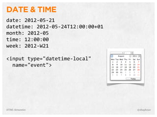 DATE & TIME
date:  2012-­‐05-­‐21
datetime:  2012-­‐05-­‐24T12:00:00+01
month:  2012-­‐05
time:  12:00:00
week:  2012-­‐W21
<input  type="datetime-­‐local"
    name="event">
@shayhoweHTML Semantics
 