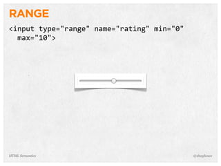 RANGE
<input  type="range"  name="rating"  min="0"  
    max="10">
@shayhoweHTML Semantics
 