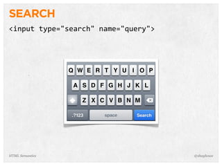 SEARCH
<input  type="search"  name="query">
@shayhoweHTML Semantics
 