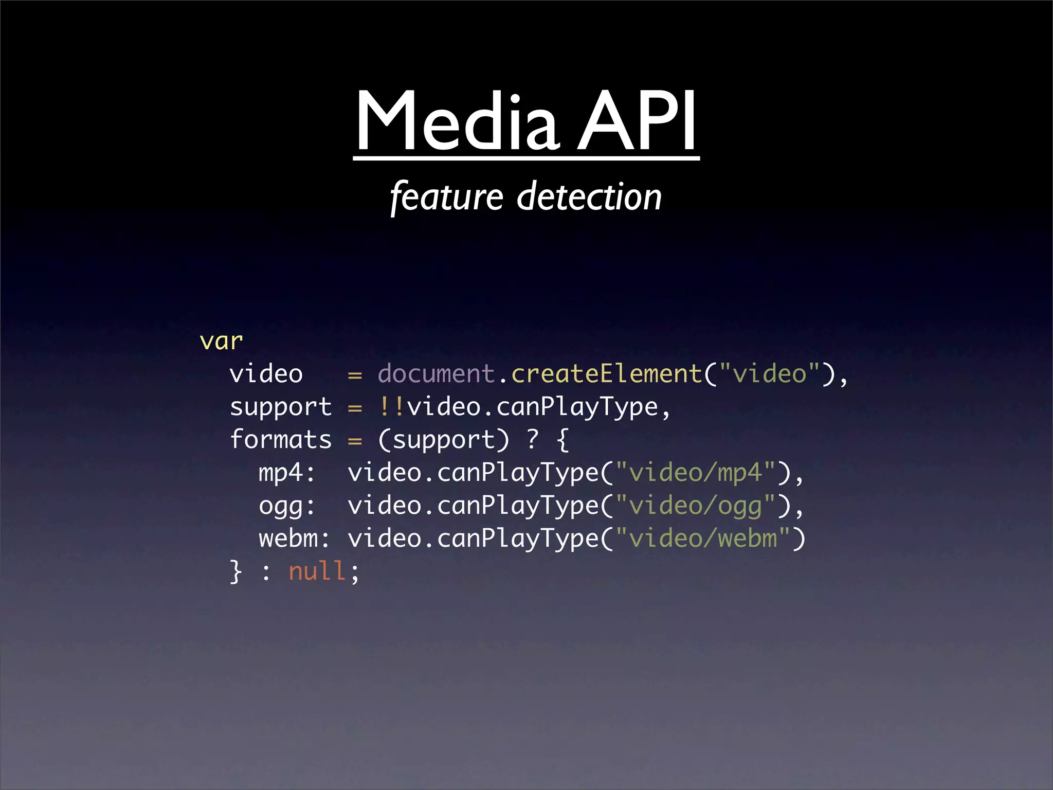 Media API
            feature detection


var
  video   = document.createElement("video"),
  support = !!video.canPlayType,
  formats = (support) ? {
    mp4: video.canPlayType("video/mp4"),
    ogg: video.canPlayType("video/ogg"),
    webm: video.canPlayType("video/webm")
  } : null;
 