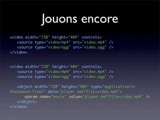 Jouons encore
<video width="720" height="404" controls>
	 <source type="video/mp4" src="video.mp4" />
	 <source type="video/ogg" src="video.ogg" />
</video>


<video width="720" height="404" controls>
	 <source type="video/mp4" src="video.mp4" />
	 <source type="video/ogg" src="video.ogg" />

	 <object width="720" height="404" type="application/x-
shockwave-flash" data="player.swf?file=video.mp4">
	 	 <param name="movie" value="player.swf?file=video.mp4" />
	 </object>
</video>
 