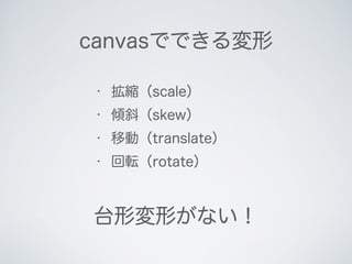 canvasでできる変形
• 拡縮（scale）
• 傾斜（skew）
• 移動（translate）
• 回転（rotate）
台形変形がない！
 