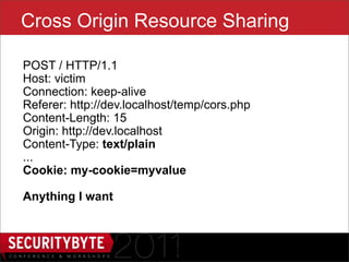 Cross Origin Resource Sharing

POST / HTTP/1.1
Host: victim
Connection: keep-alive
Referer: http://dev.localhost/temp/cors.php
Content-Length: 15
Origin: http://dev.localhost
Content-Type: text/plain
...
Cookie: my-cookie=myvalue

Anything I want



                           20
 