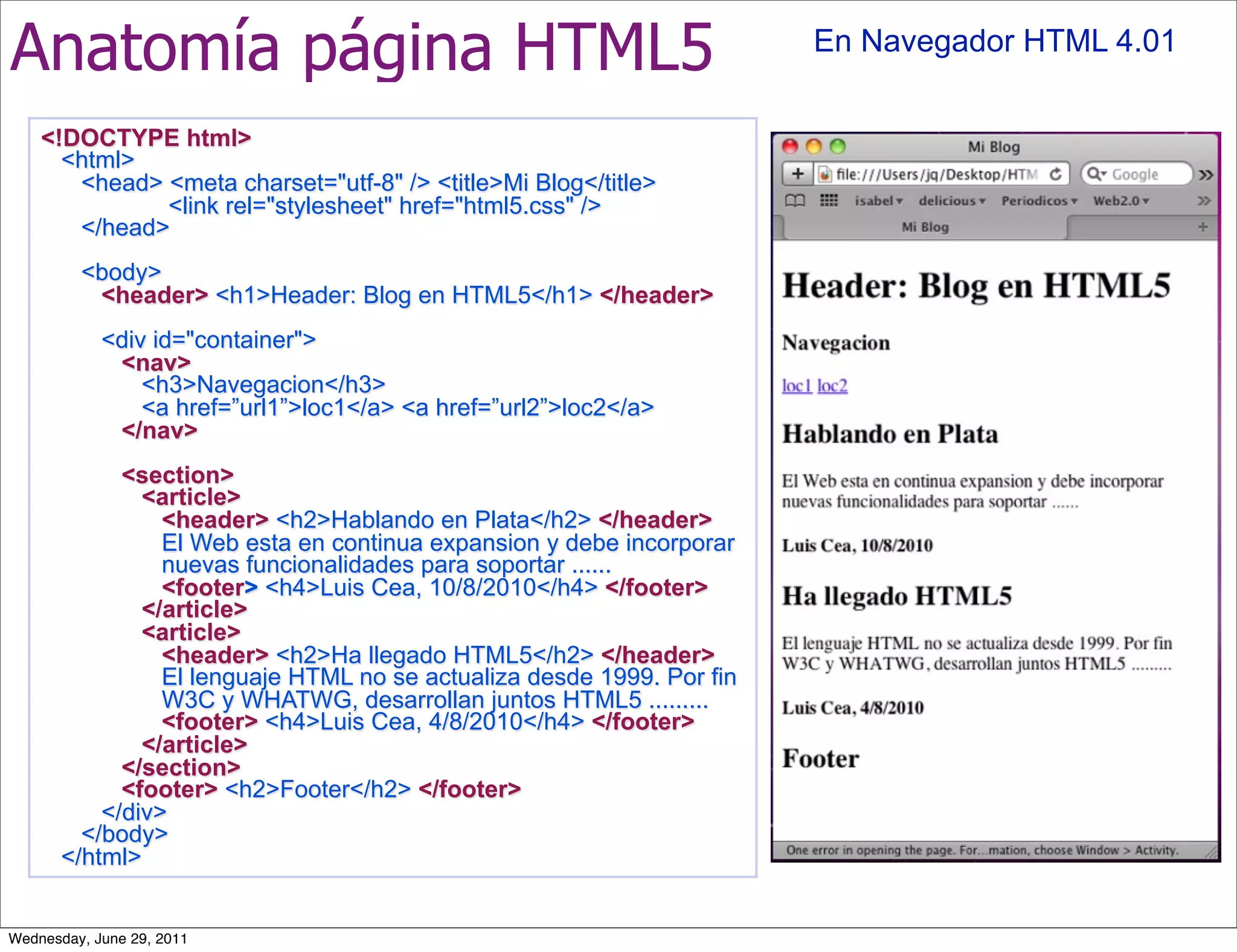 Anatomía página HTML5                                                   En Navegador HTML 4.01


    <!DOCTYPE html>
      <html>
       <head> <meta charset="utf-8" /> <title>Mi Blog</title>
              <link rel="stylesheet" href="html5.css" />
       </head>
         <body>
          <header> <h1>Header: Blog en HTML5</h1> </header>
            <div id="container">
             <nav>
                <h3>Navegacion</h3>
                <a href=”url1”>loc1</a> <a href=”url2”>loc2</a>
             </nav>
             <section>
               <article>
                 <header> <h2>Hablando en Plata</h2> </header>
                 El Web esta en continua expansion y debe incorporar
                 nuevas funcionalidades para soportar ......
                 <footer> <h4>Luis Cea, 10/8/2010</h4> </footer>
               </article>
               <article>
                 <header> <h2>Ha llegado HTML5</h2> </header>
                 El lenguaje HTML no se actualiza desde 1999. Por fin
                 W3C y WHATWG, desarrollan juntos HTML5 .........
                 <footer> <h4>Luis Cea, 4/8/2010</h4> </footer>
               </article>
             </section>
             <footer> <h2>Footer</h2> </footer>
           </div>
         </body>
       </html>


Wednesday, June 29, 2011
 