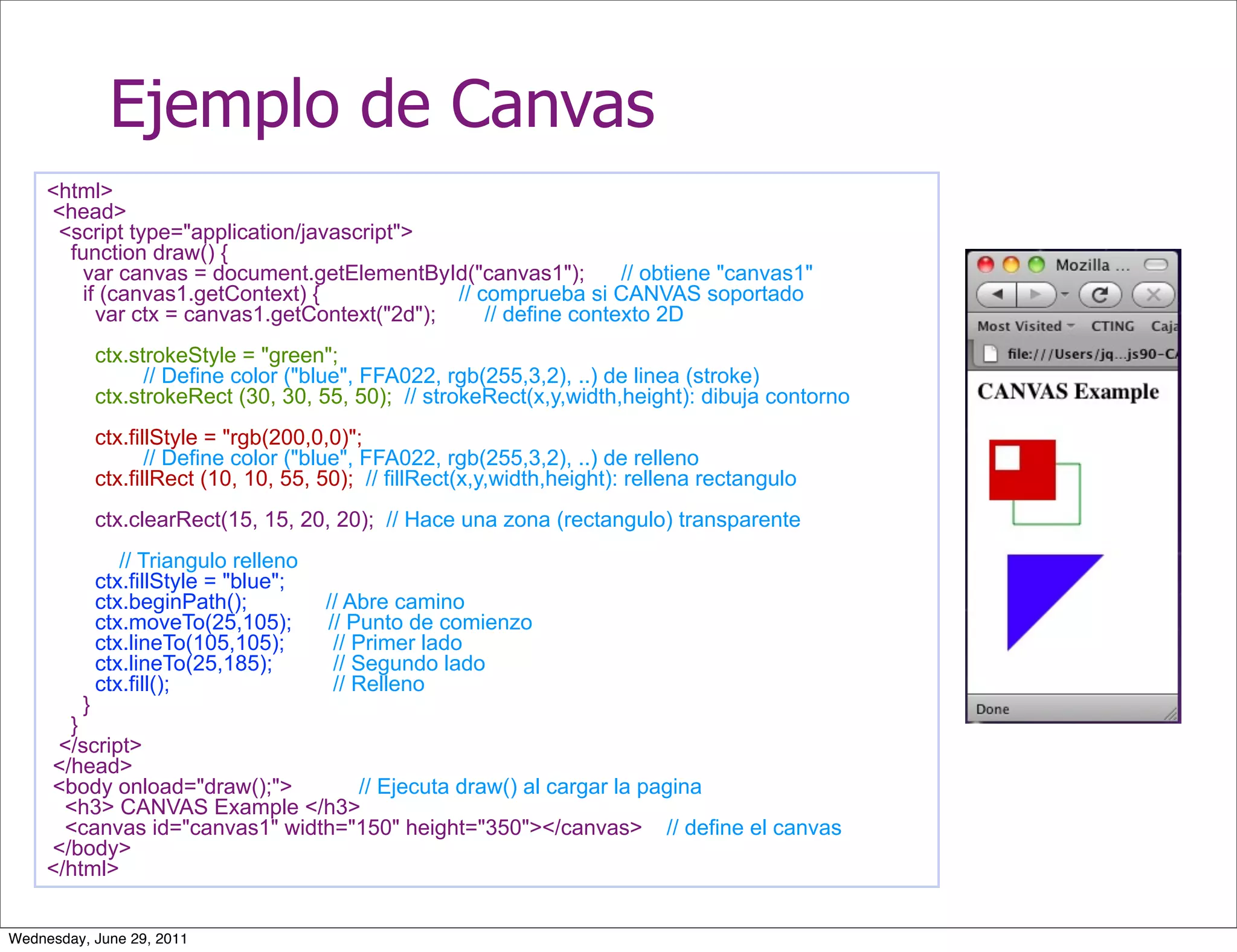 Ejemplo de Canvas
     <html>
     <head>
      <script type="application/javascript">
       function draw() {
        var canvas = document.getElementById("canvas1");         // obtiene "canvas1"
        if (canvas1.getContext) {             // comprueba si CANVAS soportado
          var ctx = canvas1.getContext("2d");     // define contexto 2D
             ctx.strokeStyle = "green";
                   // Define color ("blue", FFA022, rgb(255,3,2), ..) de linea (stroke)
             ctx.strokeRect (30, 30, 55, 50); // strokeRect(x,y,width,height): dibuja contorno
             ctx.fillStyle = "rgb(200,0,0)";
                    // Define color ("blue", FFA022, rgb(255,3,2), ..) de relleno
             ctx.fillRect (10, 10, 55, 50); // fillRect(x,y,width,height): rellena rectangulo
             ctx.clearRect(15, 15, 20, 20); // Hace una zona (rectangulo) transparente
                // Triangulo relleno
             ctx.fillStyle = "blue";
             ctx.beginPath();          // Abre camino
             ctx.moveTo(25,105);       // Punto de comienzo
             ctx.lineTo(105,105);       // Primer lado
             ctx.lineTo(25,185);        // Segundo lado
             ctx.fill();                // Relleno
         }
       }
      </script>
     </head>
     <body onload="draw();">       // Ejecuta draw() al cargar la pagina
       <h3> CANVAS Example </h3>
       <canvas id="canvas1" width="150" height="350"></canvas> // define el canvas
     </body>
     </html>


Wednesday, June 29, 2011
 