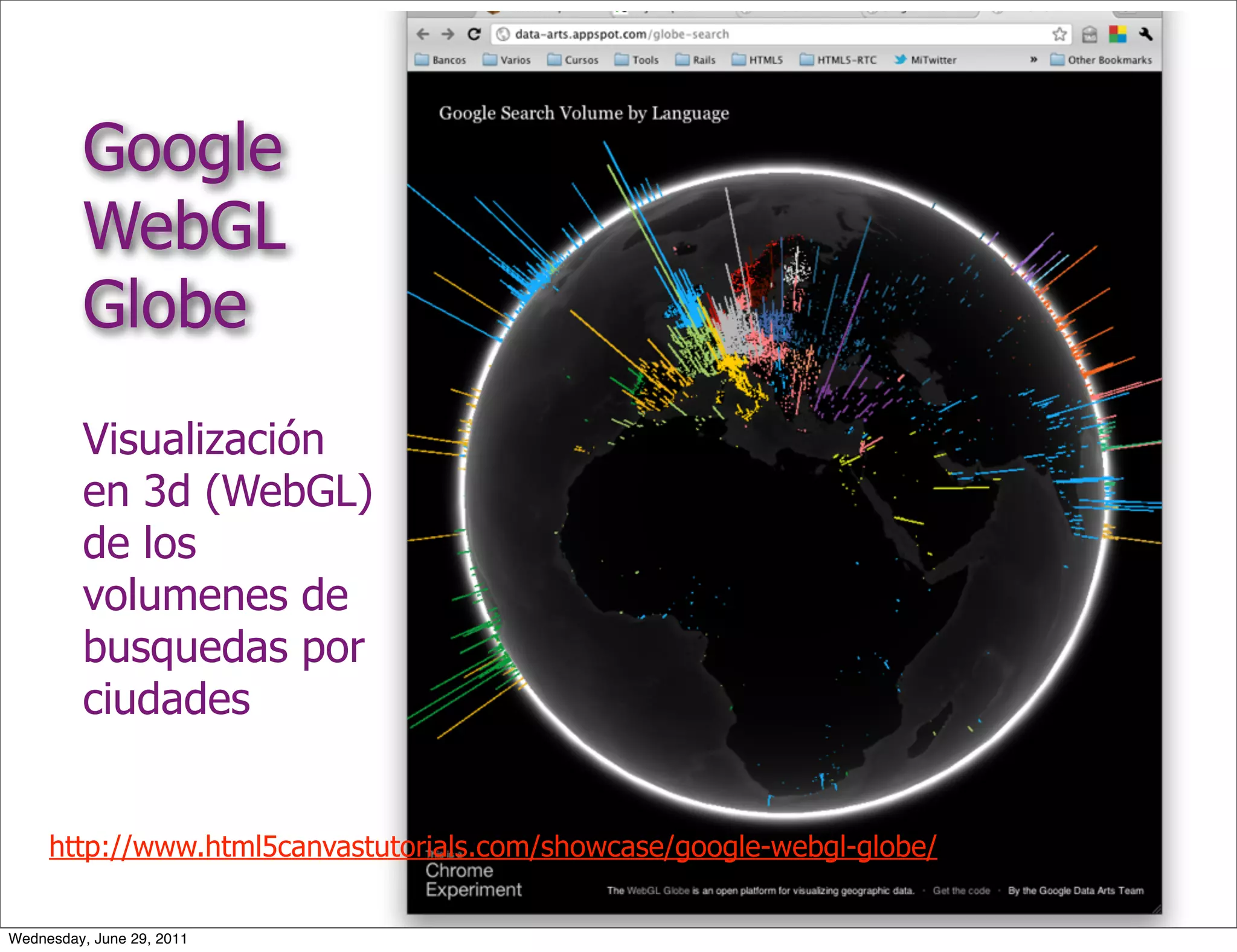 Google
         WebGL
         Globe
         Visualización
         en 3d (WebGL)
         de los
         volumenes de
         busquedas por
         ciudades


     http://www.html5canvastutorials.com/showcase/google-webgl-globe/


Wednesday, June 29, 2011
 