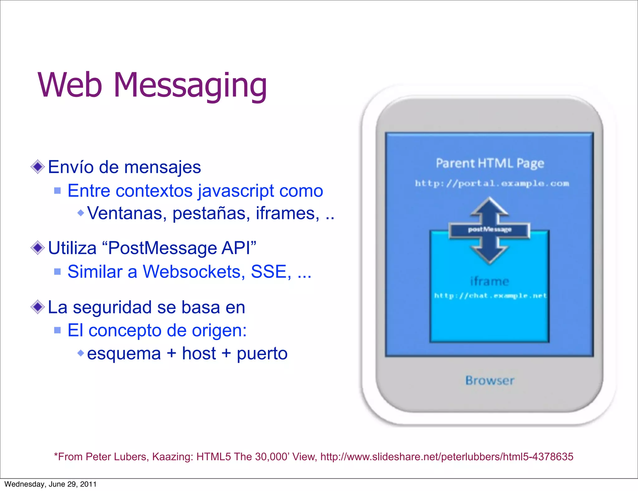 Web Messaging

           Envío de mensajes
            Entre contextos javascript como

               Ventanas, pestañas, iframes, ..

           Utiliza “PostMessage API”
            Similar a Websockets, SSE, ...


           La seguridad se basa en
             El concepto de origen:

                esquema + host + puerto




            *From Peter Lubers, Kaazing: HTML5 The 30,000’ View, http://www.slideshare.net/peterlubbers/html5-4378635

Wednesday, June 29, 2011
 
