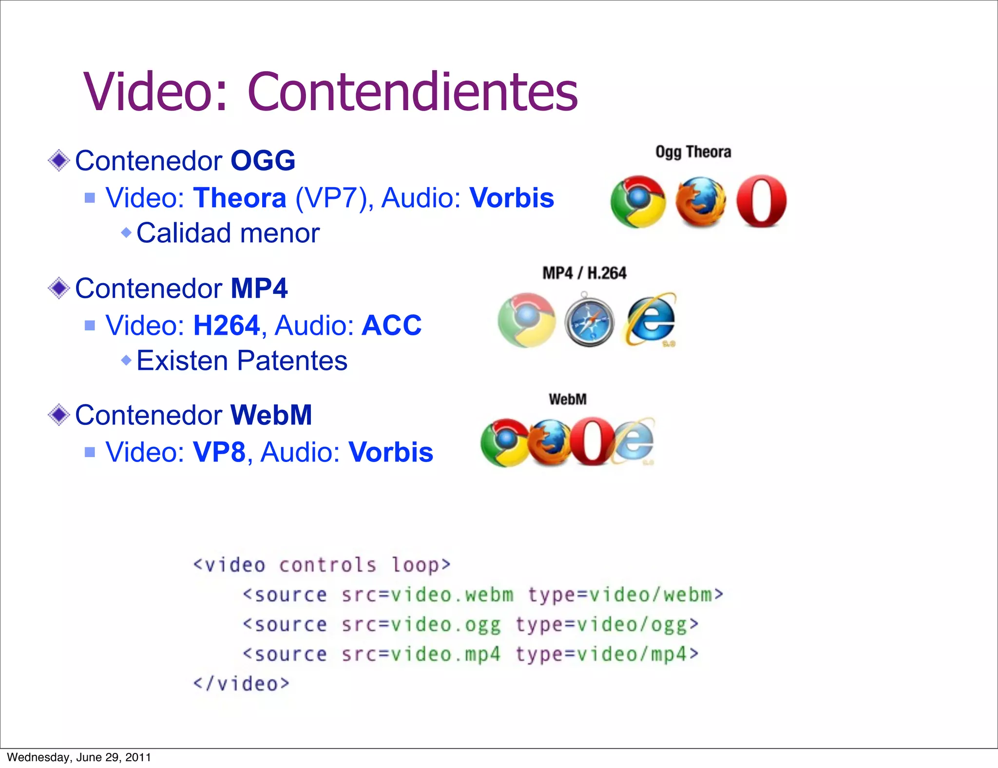Video: Contendientes
           Contenedor OGG
            Video: Theora (VP7), Audio: Vorbis

               Calidad menor

           Contenedor MP4
            Video: H264, Audio: ACC

               Existen Patentes

           Contenedor WebM
            Video: VP8, Audio: Vorbis




Wednesday, June 29, 2011
 